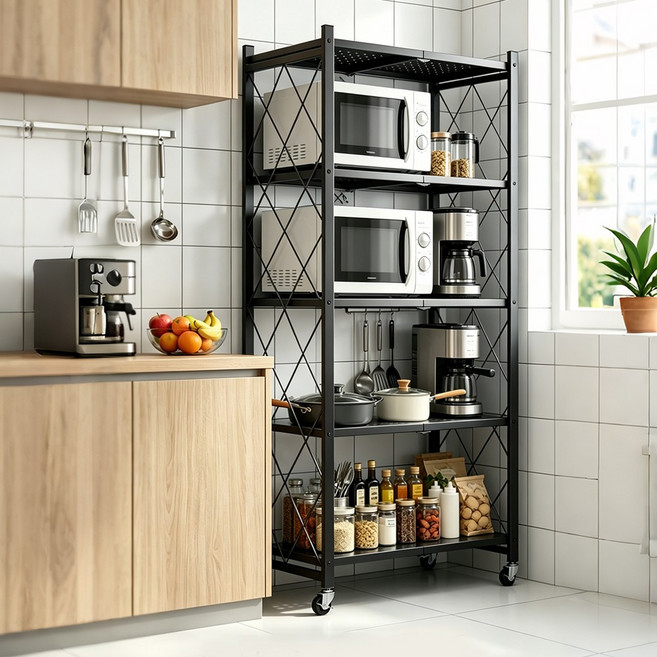 원터치 접이식 철제선반 이동식 수납선반 바퀴형 주방 베란다 다용도 수납장, 4단, 블랙