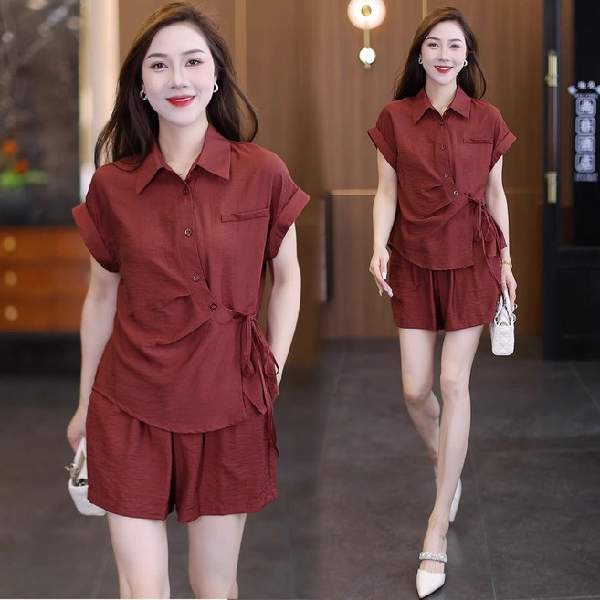 COSYEVNO 여름 캐주얼 세트 트렌디한 루즈핏 반팔 셔츠+반바지 여성 투피스