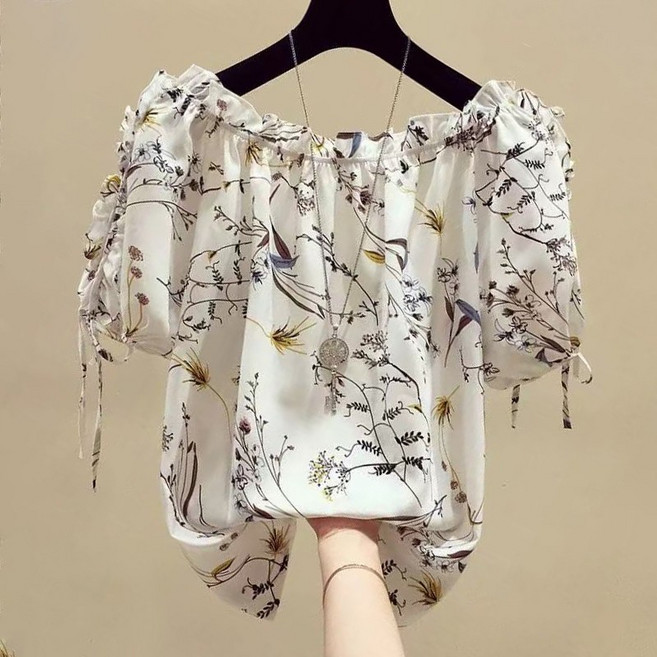 Asure 여자 일자 숄더 루즈핏 플라워 프린트 프릴넥 스트링 블라우스 반팔 티