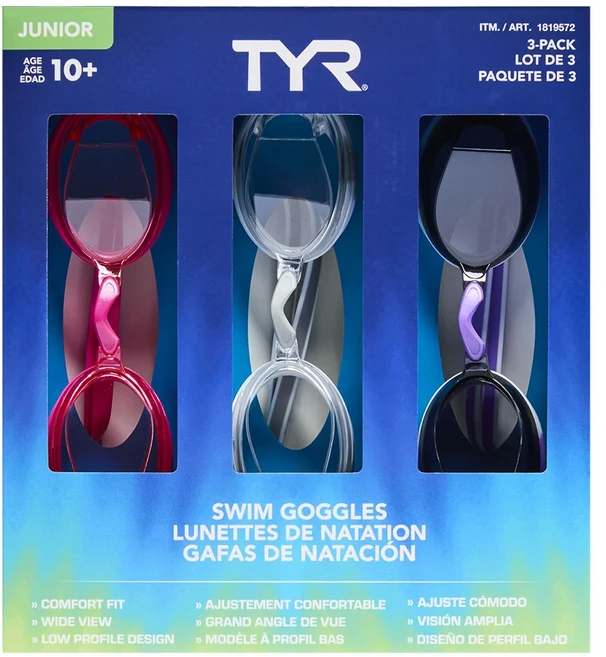 티어TYR 주니어 아동용 수경 물안경 3개입 편안한 착용감 넓은 시야 코스트코, 1세트, 핑크그레이퍼플 - 쿠팡