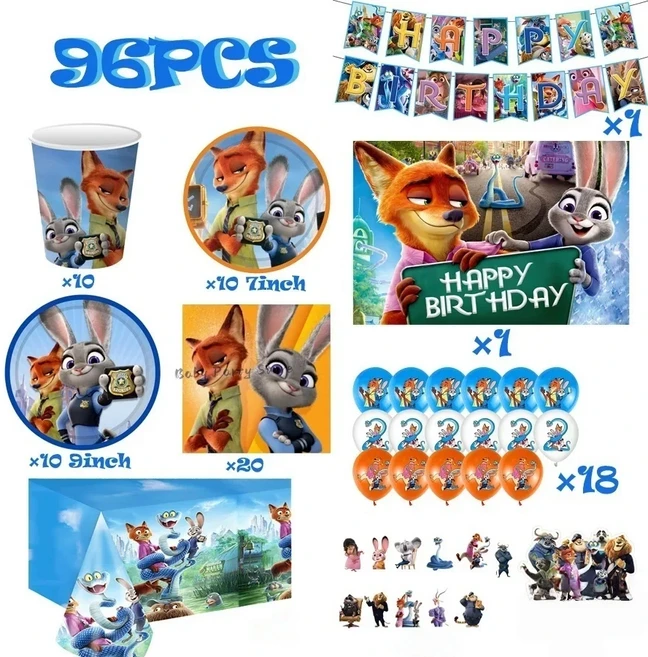 주토피아 2 테마 파티 장식 접시 테이블보 케이크 토퍼 배너 컵 생일 크리스마스 어린이 용품, 32 96pcs-1