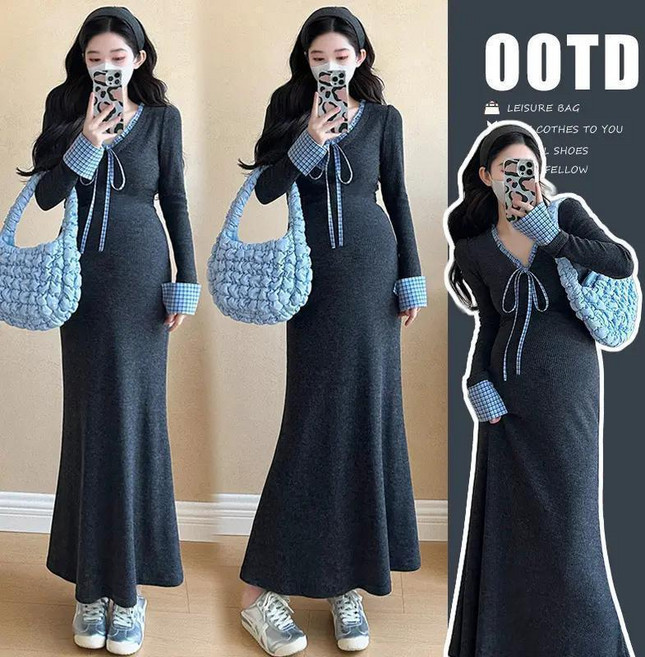 임산부 긴팔 원피스 봄 가을 캐주얼 임부복 패션 브이넥 슬림핏 원피스 기질 코디 원피스 SJS
