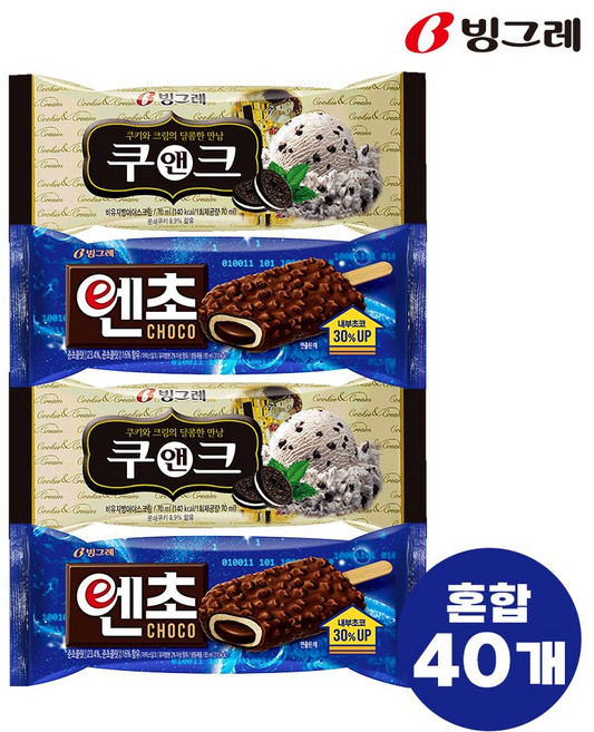 빙그레 아이스크림 2종 혼합(엔초바20+쿠앤크바20) 총 40개, 엔초바20+쿠앤크바20, 70ml