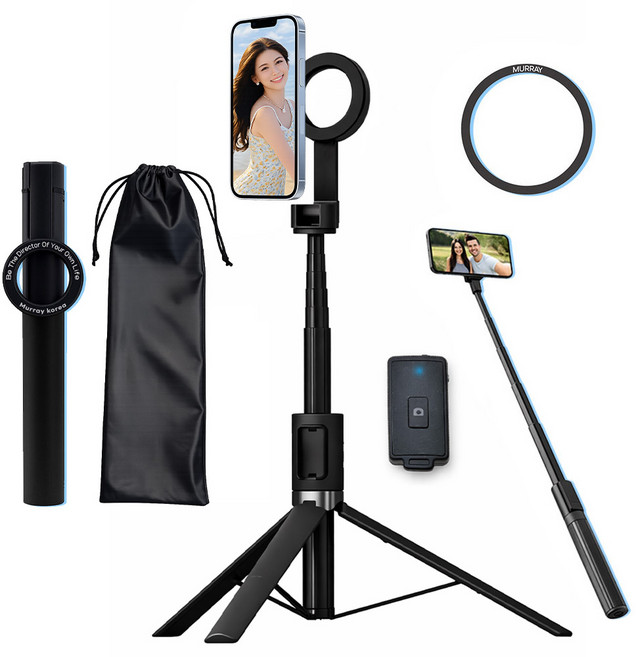 [170cm] 머레이 맥세이프 삼각대 휴대폰 셀카봉 블루투스 리모컨 스마트폰 휴대폰 셀카 거치대, 1개, 딥블랙