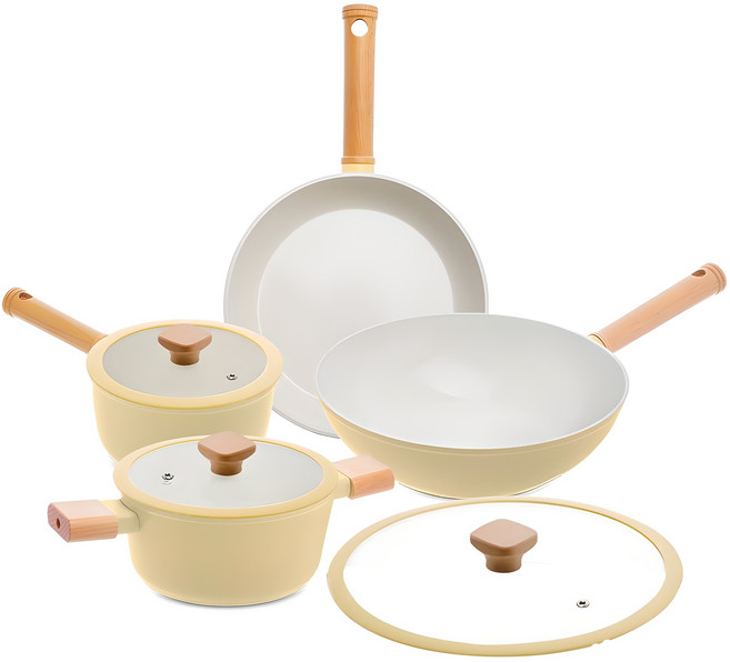 시샘 인덕션 크림 세라믹 코팅 냄비프라이팬세트, 옐로우크림, 팬 2종 + 냄비 2종 + 유리뚜껑, 1세트