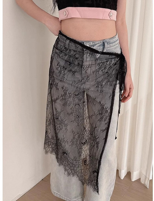ClosArt 프릴 레이어드 시스루 레이스 치마 랩 스커트