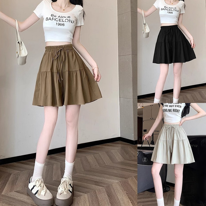 ANYOU 여름 여성용 A라인 치마바지 밴딩 스포티 치마 반바지 빅사이즈 핫팬츠 와이드 바지