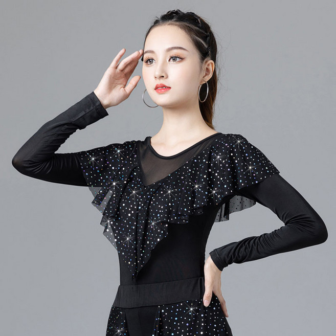 댄스복 상의 여성용 핫피스 망사 프릴 긴팔 티Women's T-shirt 뉴타임즈 X203D427