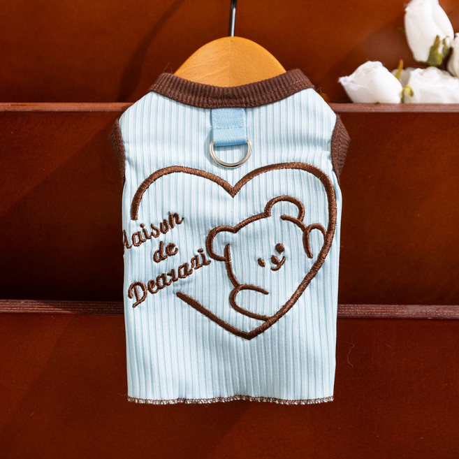 차르미콜 강아지 여름 쿨 나시 티셔츠 하네스 일체형 곰돌이 프린팅 반려견 의류 소형견 옷, 1개, 스카이블루 브라운 곰돌이