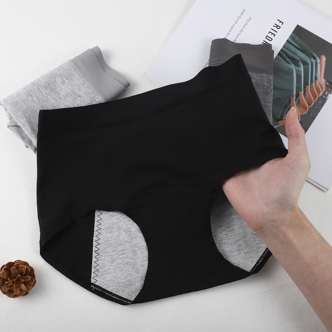 精梳棉3層防漏生理褲 經期內褲 純棉 中腰底褲, 黑色,XL