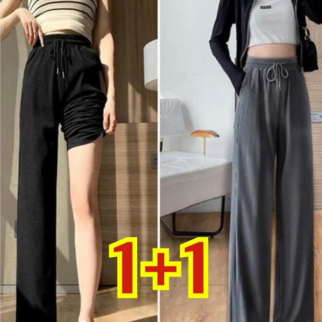 (다리 길어보이는) 150kg까지 빅사이즈 1+1 여성 아이스 하이웨이스트 와이드 날씬해보이는 바지 여름 편한 허리 밴딩 포켓 슬렉스 캐쥬얼 디자인 모던 심플 데일리 긴바지 팬츠