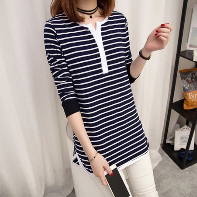 데일로엔 여성용 스트라이프 헨리넥 기본 가을 면티셔츠 긴팔 티셔츠