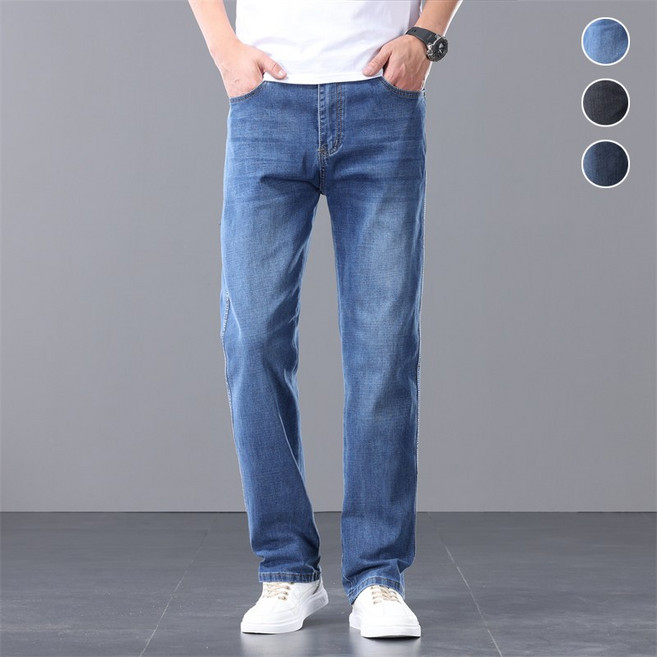 wassup 남자 청바지 여름용 스판 일자핏 얇은 데님 팬츠 빅 사이즈 슬랙스