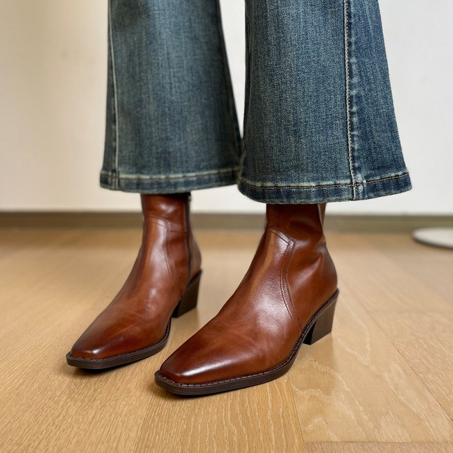 ZAJA 스퀘어토 앵클 가죽부츠 4.5cm 지퍼