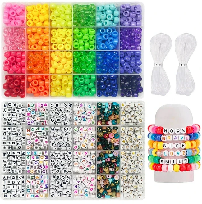 우정 팔찌 만들기 키트에 대 한 조랑말 구슬 24 색상 Kandi 구슬 세트 720pcs 플라스틱 무지개 대량 980pc, 03 24 and Letter Beads
