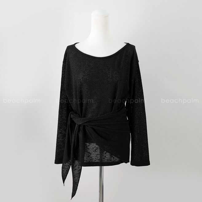 [비치팜] 마인드 랩 오프숄더 니트 여름 비치웨어 시스루 커버업 긴팔 티 탑 상의, 블랙