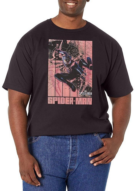 Marvel Big & Tall 스파이더맨: 마일즈 패널 모랄레스 페인트 남성용 상의 반소매 티셔츠 블랙.