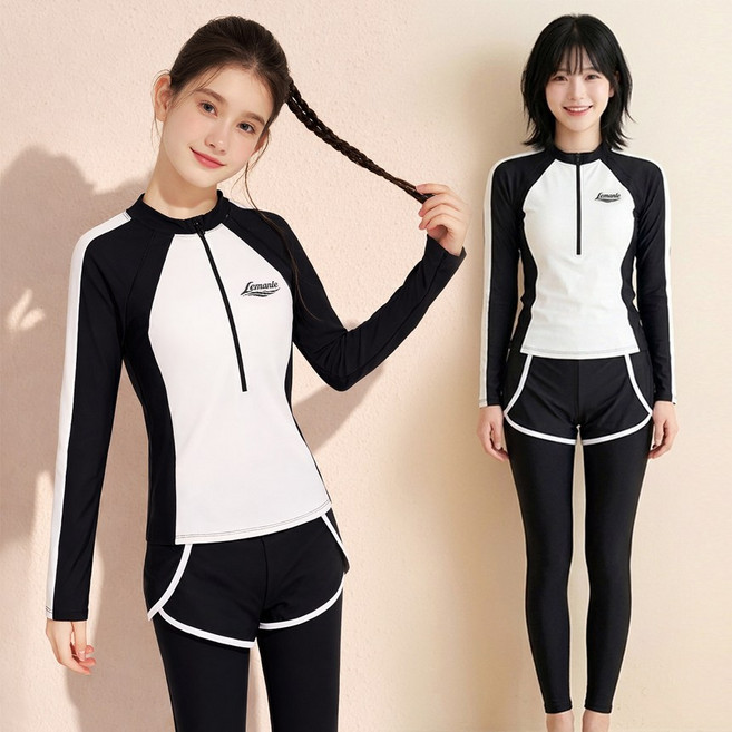 르망르 여자 주니어 긴팔 집업 래쉬가드 수영복 상하세트