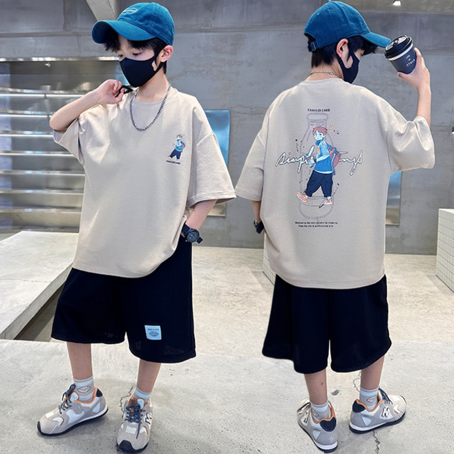 비비키드 남아 여름 초등생 남자 캐릭터 일러스트 프린팅 반팔티 반바지 상의 초중생 하의 세트 주니어 상의+하의 세트 (8020)