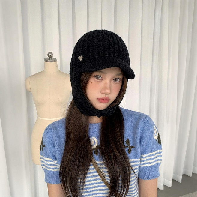 안다스팡 여성용 니트 귀달이모자 보넷 타입 순색 심플 베이직 겨울 데일리 방한