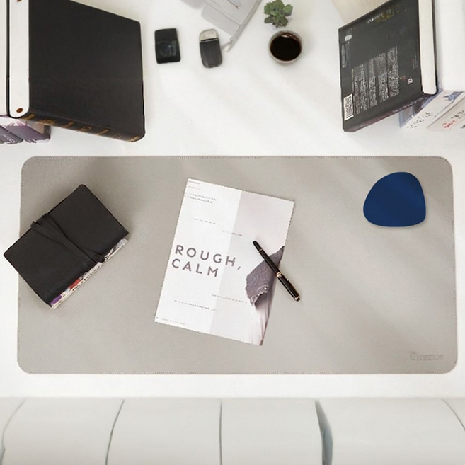 레더스 가죽 와이드 데스크매트 컵받침 세트, 그레이 매트 + 네이비 컵받침 세트