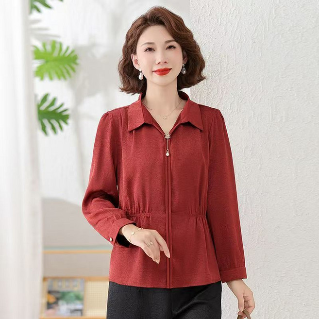 SELEAD 중년여성티셔츠 새틴 블라우스 여성봄셔츠 긴팔 광택 셔츠 40대여성티셔츠봄