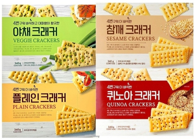 푸지안 크래커 4종 퀴노아 + 참깨 + 야채 + 플레인 크래커, 4개, 340g