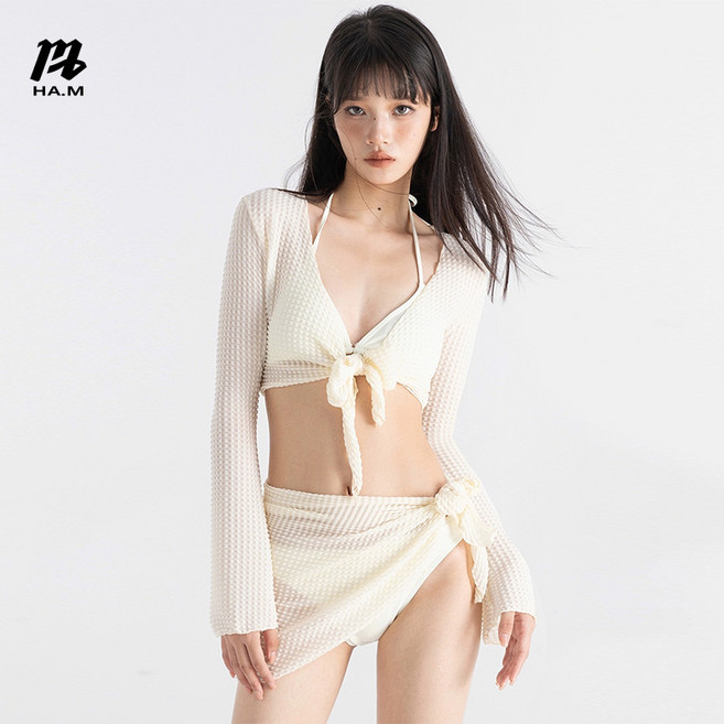 HA.M 여자 하이웨스트 섹시 비키니 스트랩 수영복 세트, 화이트