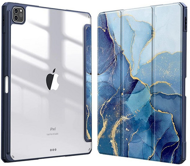 Fintie 하이브리드 슬림 케이스 iPad Pro 12.9인치 5세대 2021용 - [내장 Pencil 홀더] 투명한 뒷면 쉘이 있는 충격 방지 커버 4세대/3세대에도 적, 오션 마블