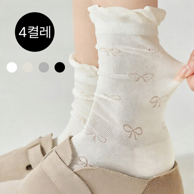Amnesia cat 여름 프릴 중목 양말 리본 메쉬 면 양말 4족 세트