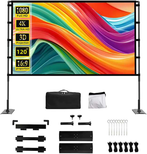 VEIDADZ 가정용 주름방지 고밀도 폴리에스터 빔프로젝터 스크린 16:9 휴대용 백색, 120형, 철판 더블 삼각대