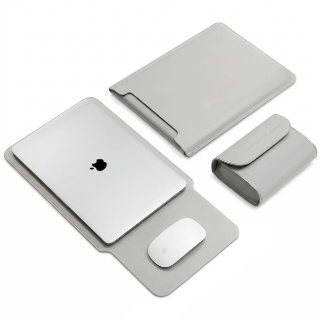 세련된 가죽 노트북 파우치 슬림 휴대용 케이스 스크래치 방지 마우스패드 겸용, 그레이 세트, 1개
