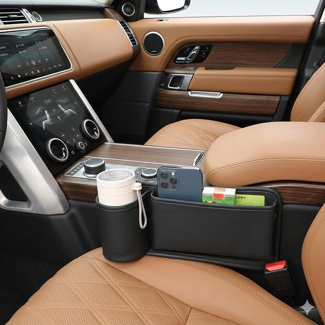 차량용 컵홀더 텀블러거치대 사이드포켓 수납주머니, 모던블랙, 1개