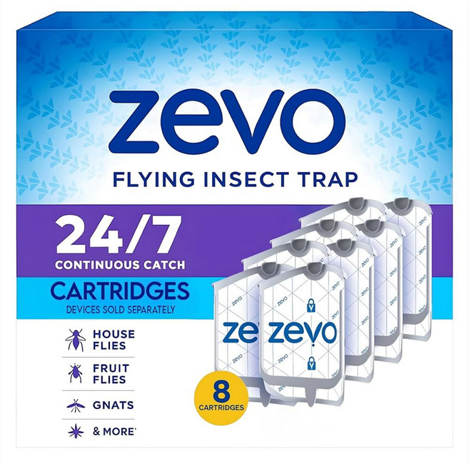 Zevo 플라잉 곤충 트랩 2개와 리필 카트리지 2개 블루 파리 UV 및 실내 집파리 기술 벌레 및 - 대안 잡동사니 과일파리 벌레잡이 라이트 및 트랩 없는 플러그인 날벌레, 8 Cartridges