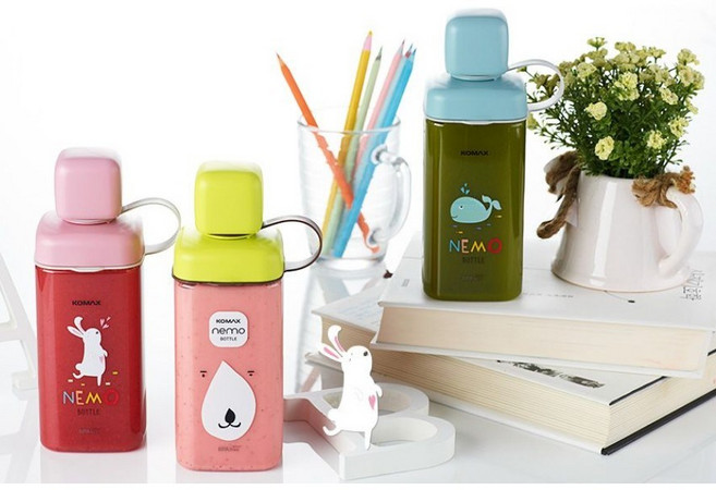 휴대용 트라이탄 어린이 네모 물병 430ml 학생 개인 물병 물통, 핑크 곰, 1개