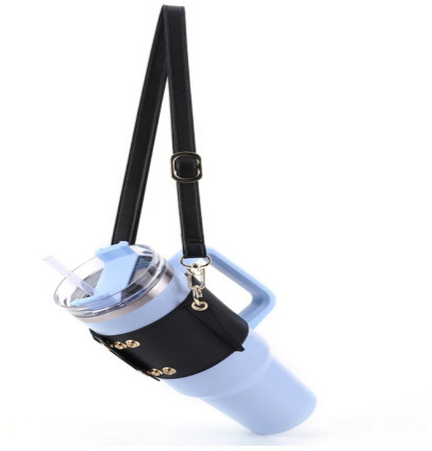 [파파지아] 텀블러 스트랩 4가지 컬러 가죽 어깨끈 텀블러 홀더, 텀블러 스트랩 블랙