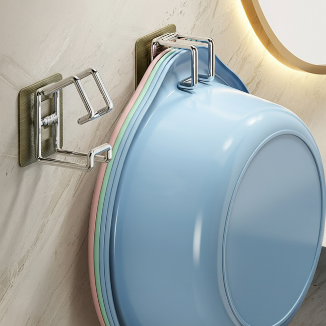 리빙홈디테일 무타공 세숫대야 스테인리스 다용도 접착걸이, 2개, 실버