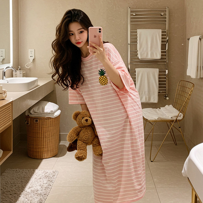 시즈올 스트라이프 홈웨어 원피스 여성 빅사이즈 반팔 잠옷 임산부 파자마