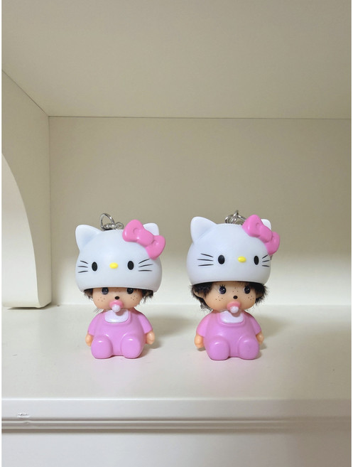 핑크 몬치치 키티 햇 키링 백참 키홀더 고리, 1개, 앉아있는 몬치 키티