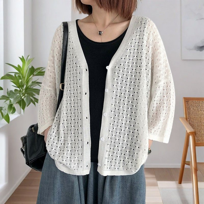 여성용 브이넥 펀칭 니트 가디건 코트 데일리룩 얇은 봄여름 아우터