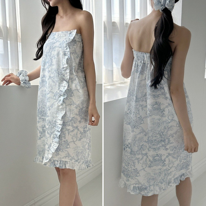 여성 샤워가운 골프 라운딩 목욕 호텔 여행 샤워랩 면실크 트왈드주이 고급원단 국내제작, 1개, 블루