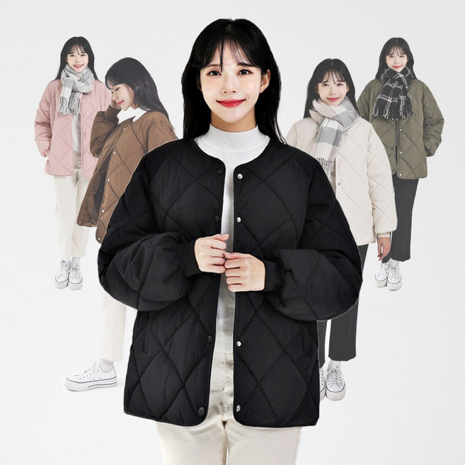 BUEHN 여성용 오버핏 두꺼운 볼륨감 노카라 빅사이즈 데일리 누빔 패딩점퍼 22300