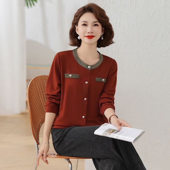 봄 가을 중년 여성 트위드 세트 캐주얼 중년 멈마 소향풍 라운드 긴팔 자켓 + 하이웨스트 일자 팬츠 상하의 투피스 세트 기질 하객룩 세트 CY