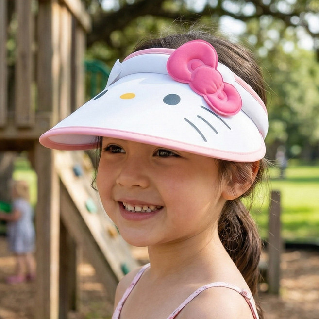 캐릭터 디자인이 입체적인 헬로키티 얼굴형 아동 썬캡 모자