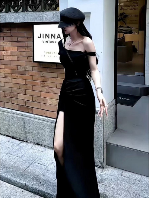 JinG 美腿套裝 不對稱單肩短袖上衣 抽繩側開衩長裙