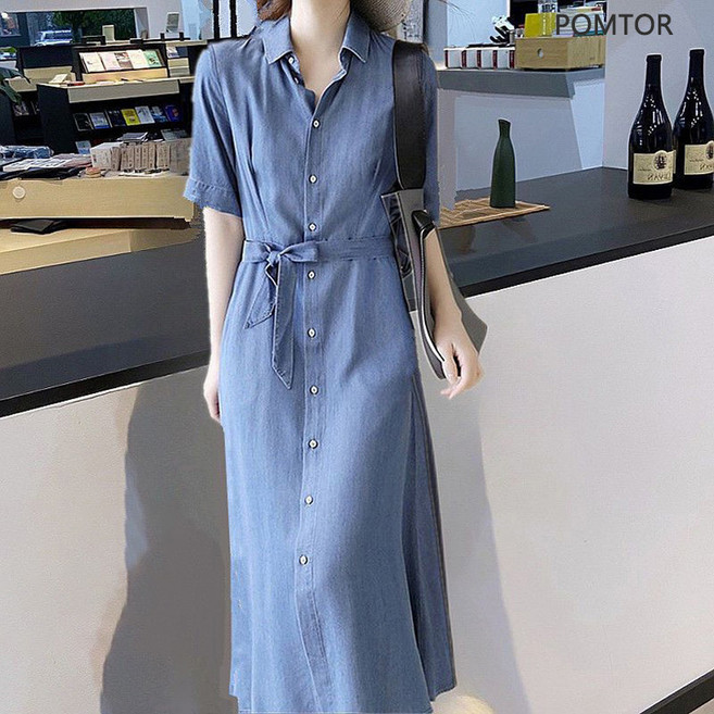봄 가을 여성 루즈핏 카라넥 데님 원피스 베이직 라지 날씬해 데님 롱셔츠원피스