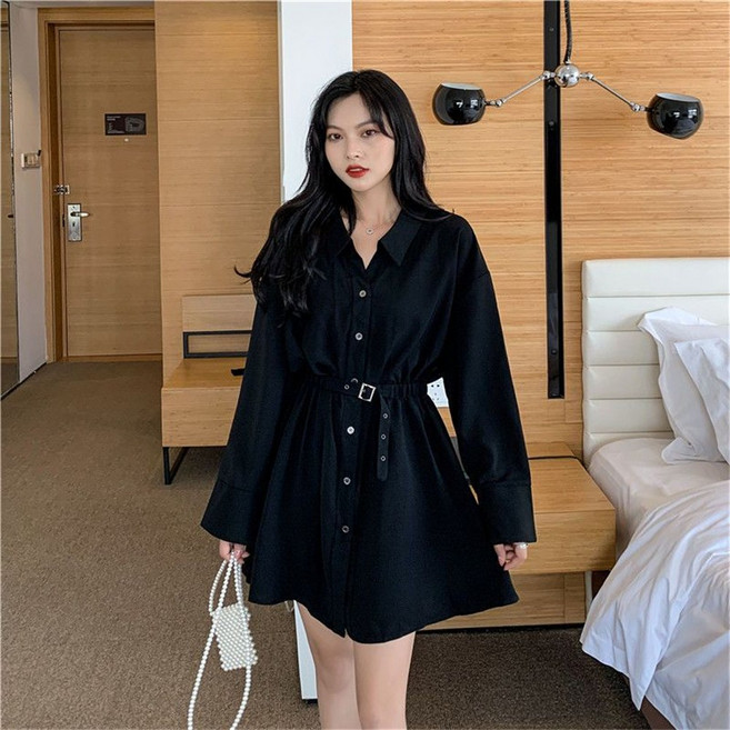 TKX 여성용 긴팔 벨트 디자인 A라인 미니 드레스 빅사이즈 무지 카라넥 원피스