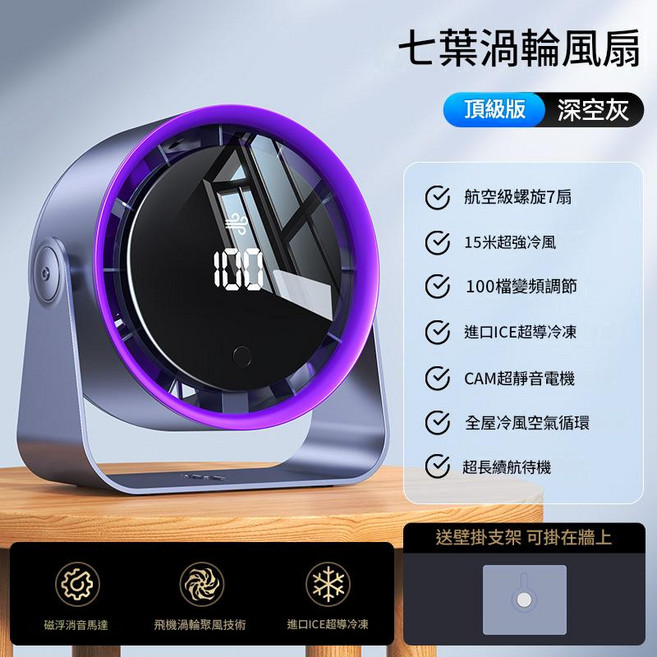 七葉渦輪風扇 15米冷風, 深空灰 6寸扇葉 + 100檔智慧數顯, 無刷電機 + 超長續航