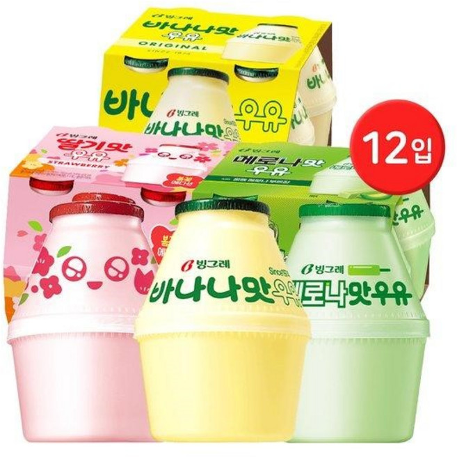 빙그레 단지우유240ml 3종 12개(바나나4개+딸기4개+메로나4개), 240ml, 1개, 12개
