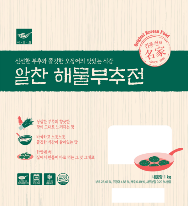 사옹원 알찬 해물부추전1kg(냉동) 한입크기 에어프라이어 해물전, 5개, 1kg